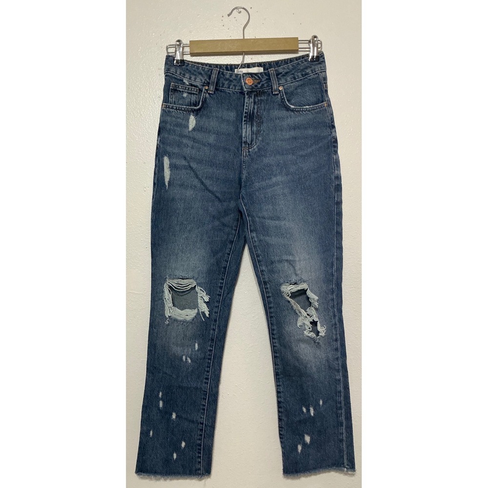 ZARA 1975 Denim High Rise Distressed Straight Leg Jeans‎ 2 Western Skater Indie